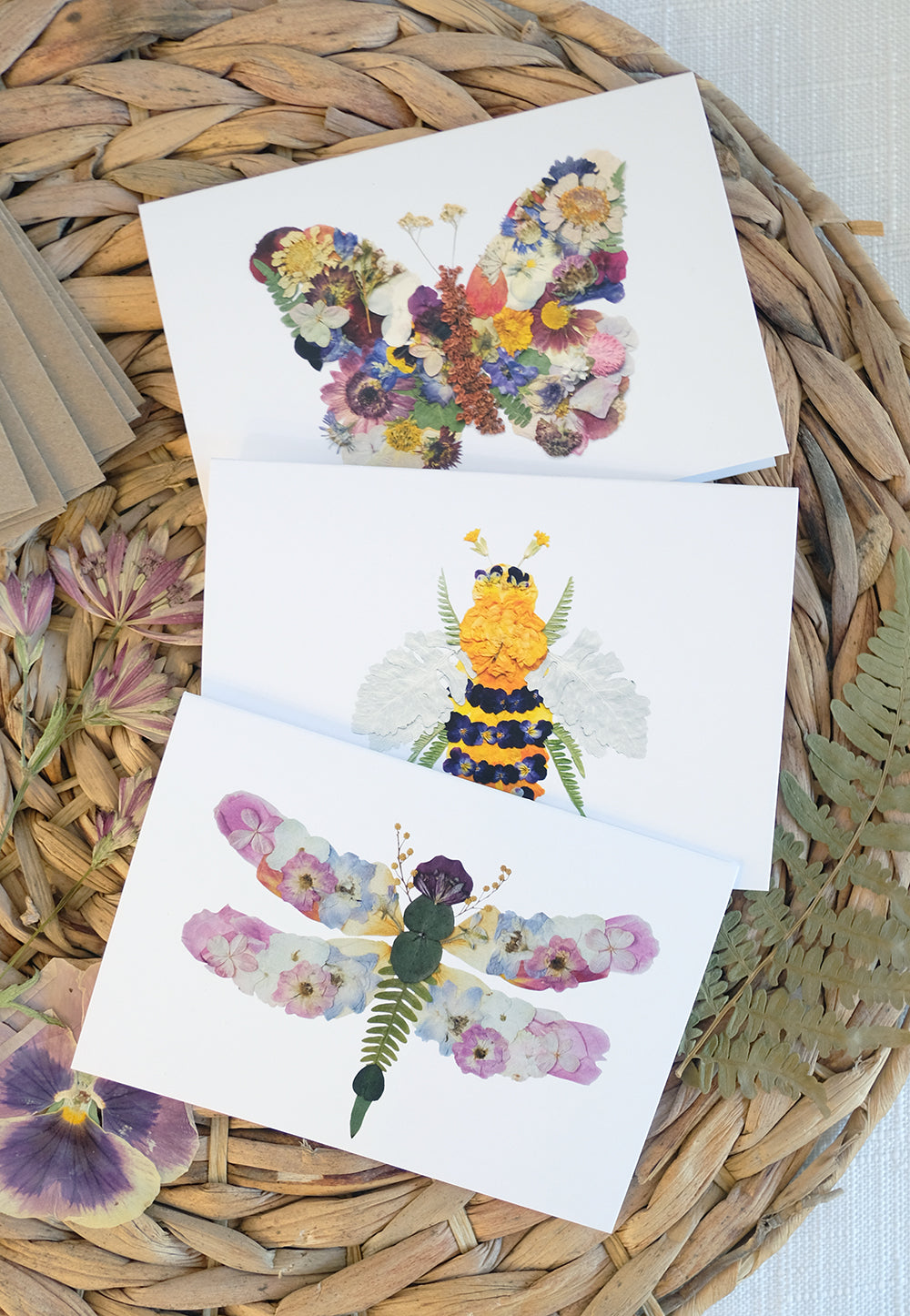 Mixed Pack, Garden Pollinator Friends, Pressed Flower, Note Card Set