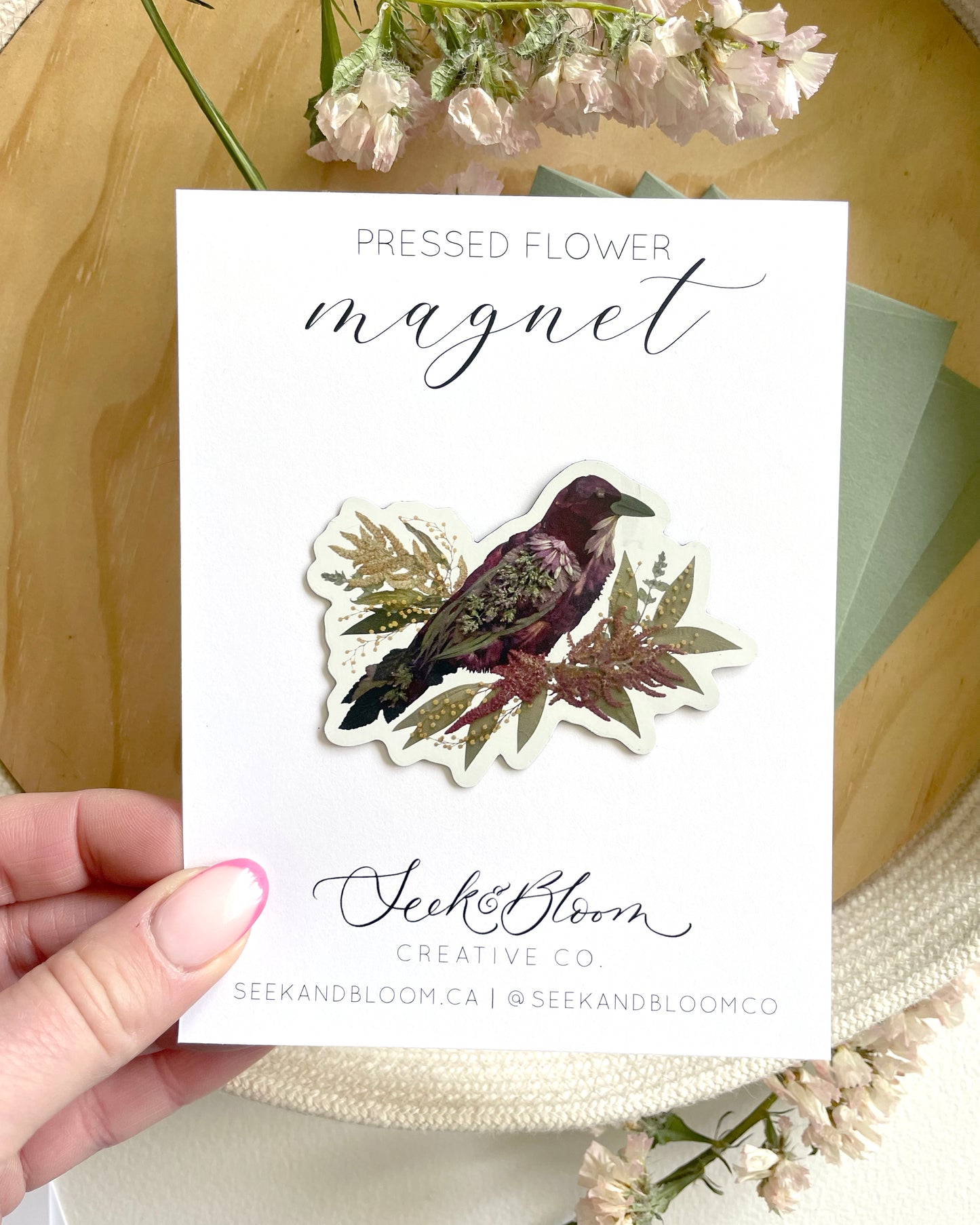 Crow, Pressed Flower Art, 3" Magnet