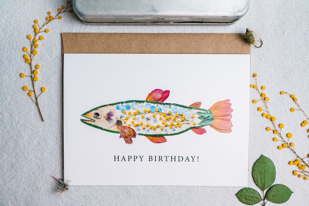 Happy Birthday Fish, Pressed Flower Trout, Card
