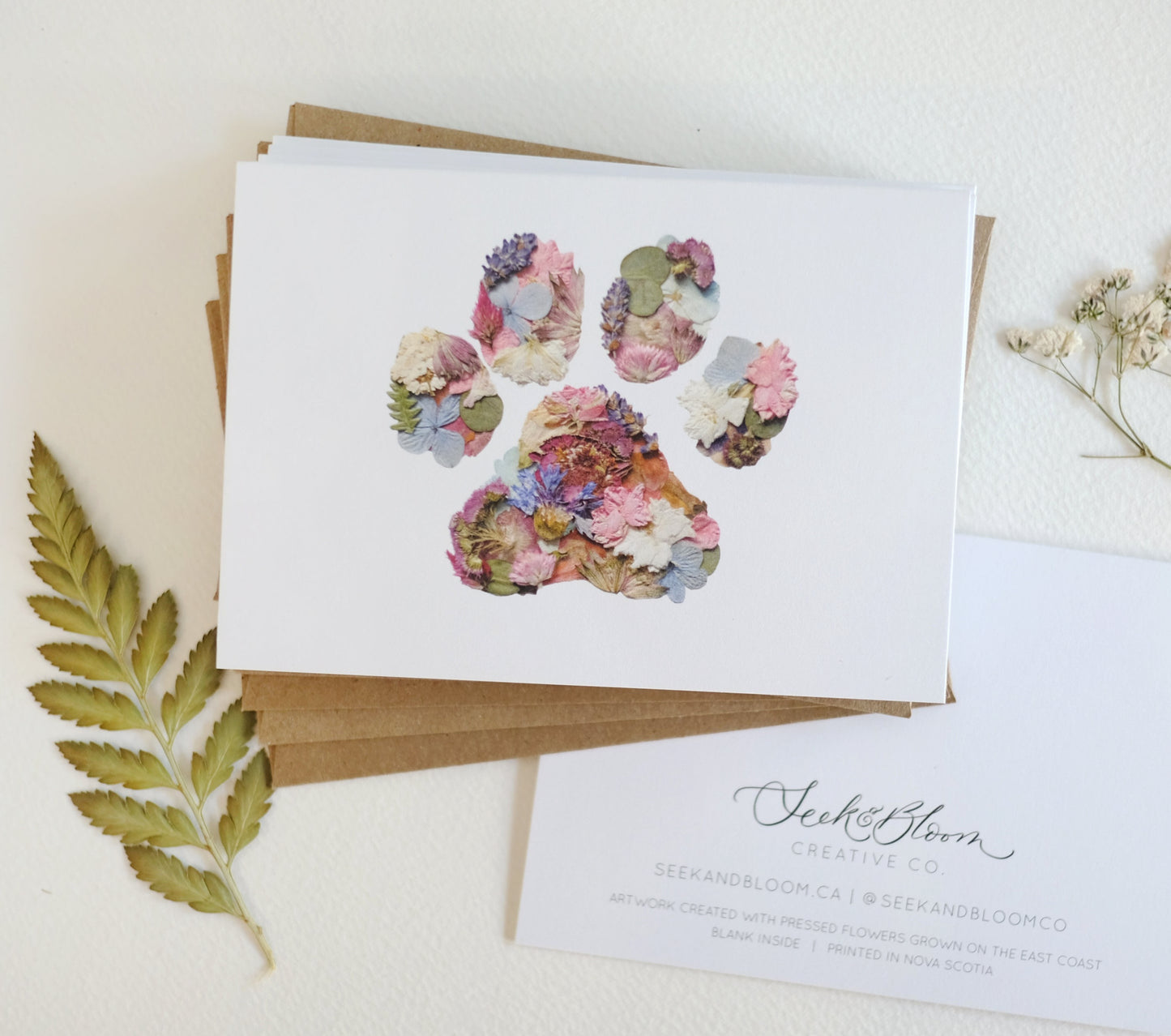 Pet Paw Print, Pressed Flower, Note Card Set
