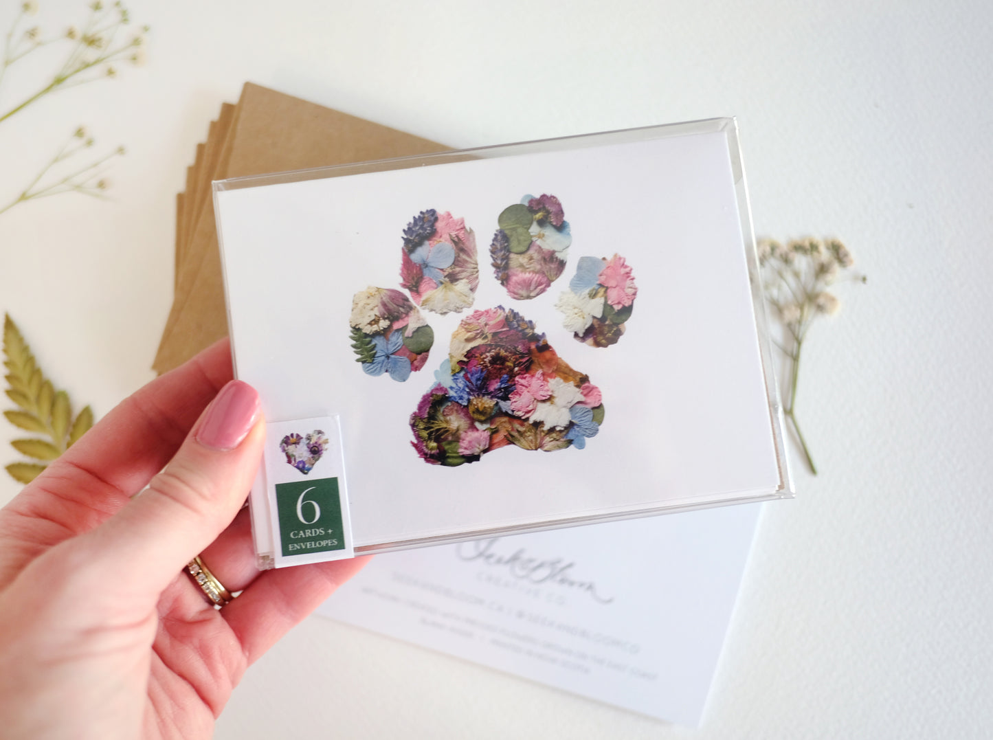 Pet Paw Print, Pressed Flower, Note Card Set