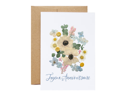 Joyeux Anniversaire, Pressed Flower Anemones, French Greeting Card