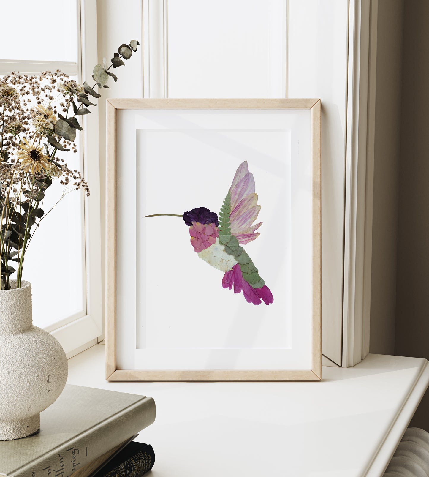 Hummingbird, Pressed Flower Art Print