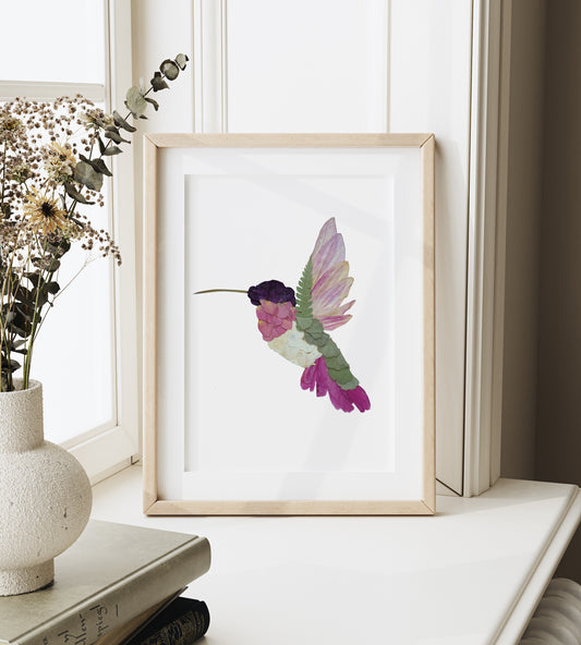 Hummingbird, Pressed Flower Art Print