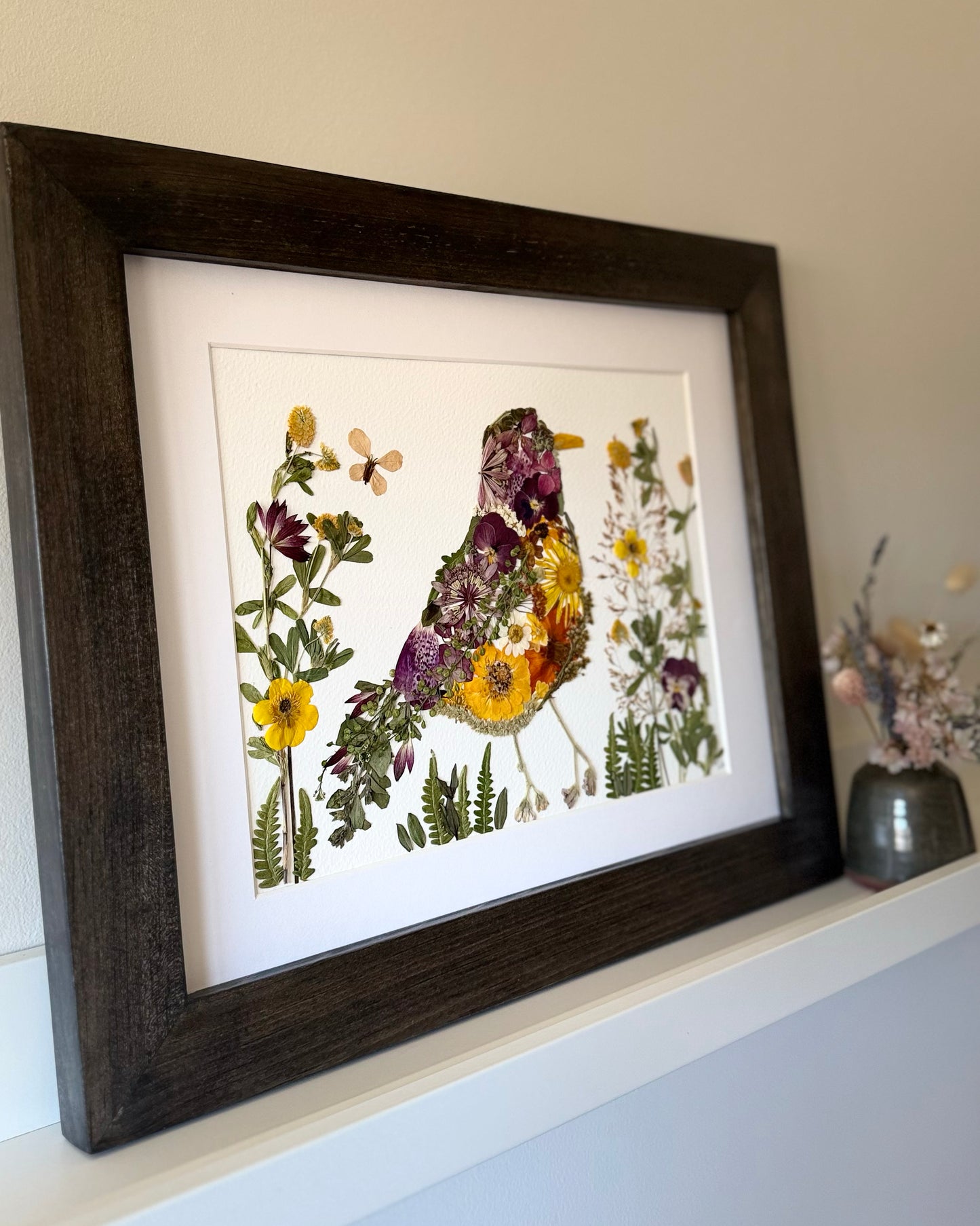 Spring Robin- Original Pressed Flower Artwork Framed