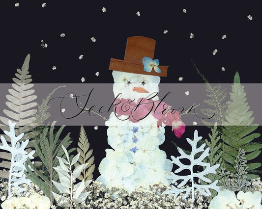 Snowman Scenery, Pressed Flower Art Print