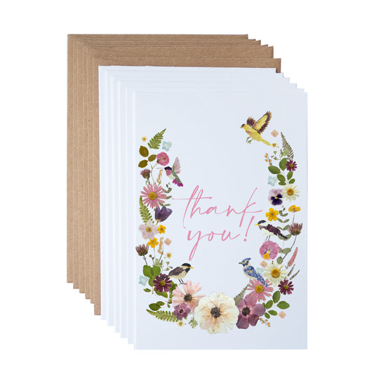 Thank You, Whimsical Pressed Flower Border and birds