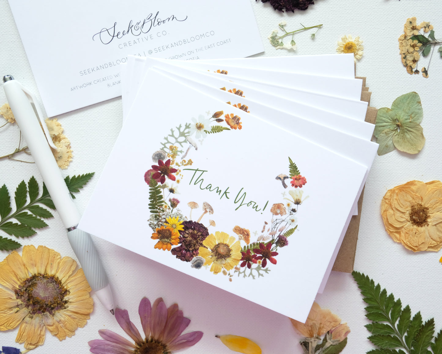 Thank You, Whimsical Pressed Flower Wreath with Mushrooms