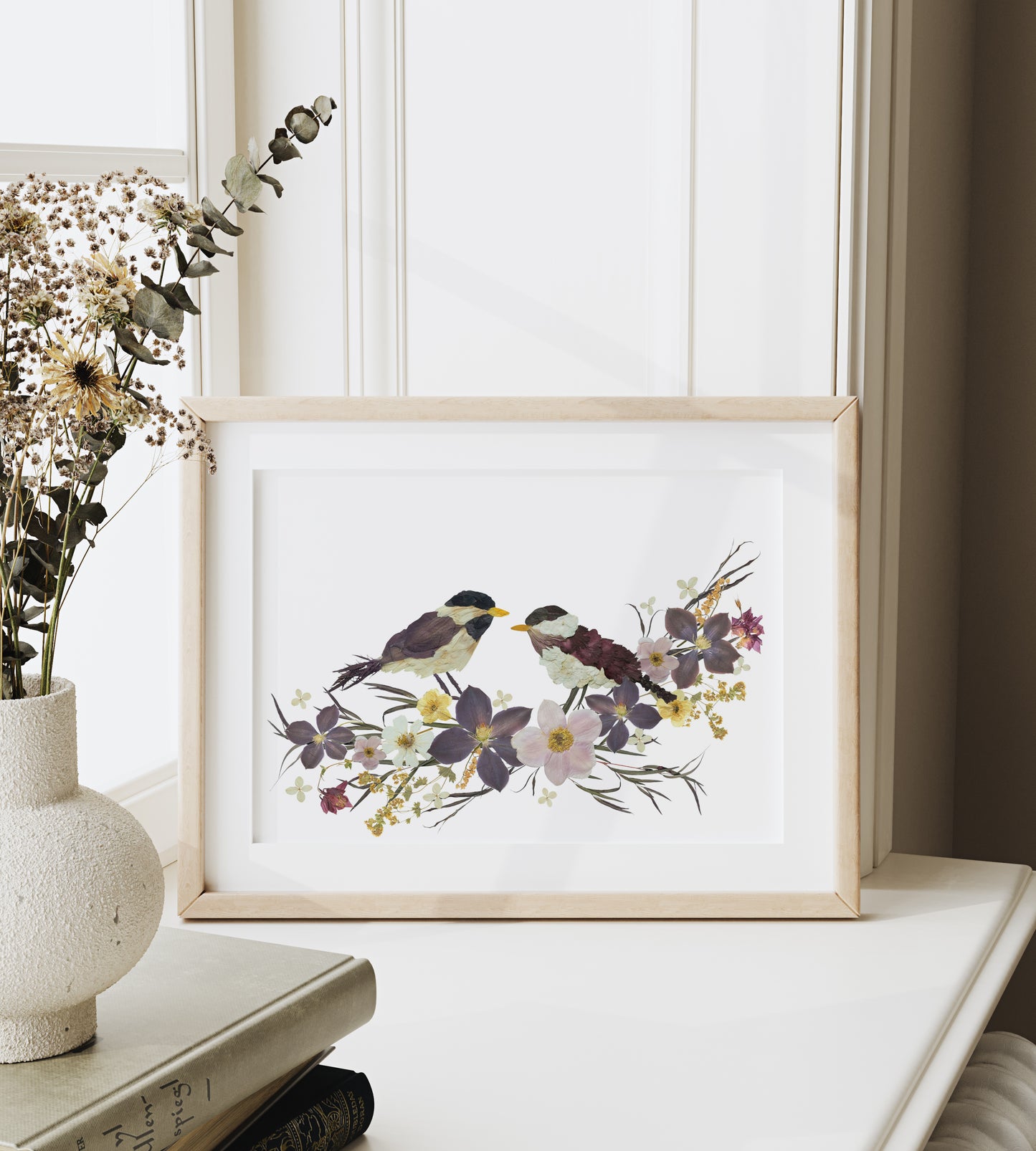 Bird Chickadees- Pressed Flower Print