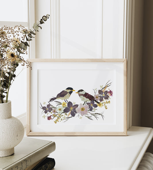 Bird Chickadees- Pressed Flower Print