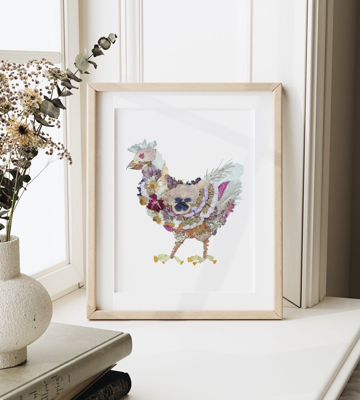 Chicken, Pressed Flower Art Print