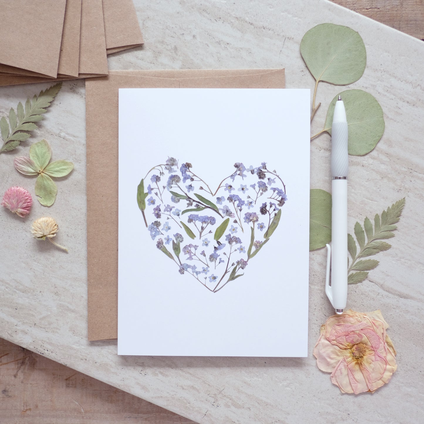 Heart, Forget Me Not Pressed Flower, Everyday Love, Large Card