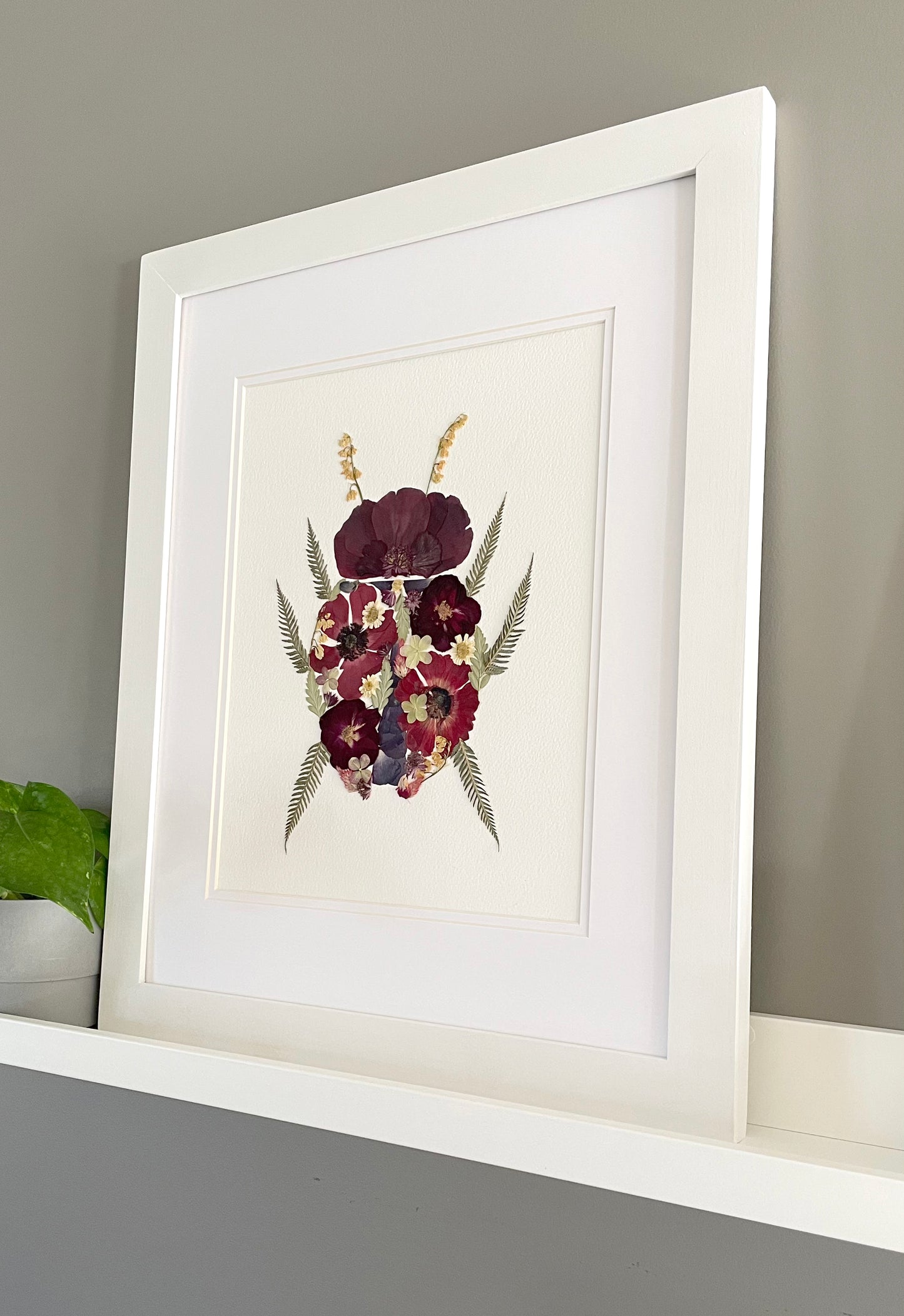 Ladybug, Pressed Flower Original Artwork- 10x13" Framed