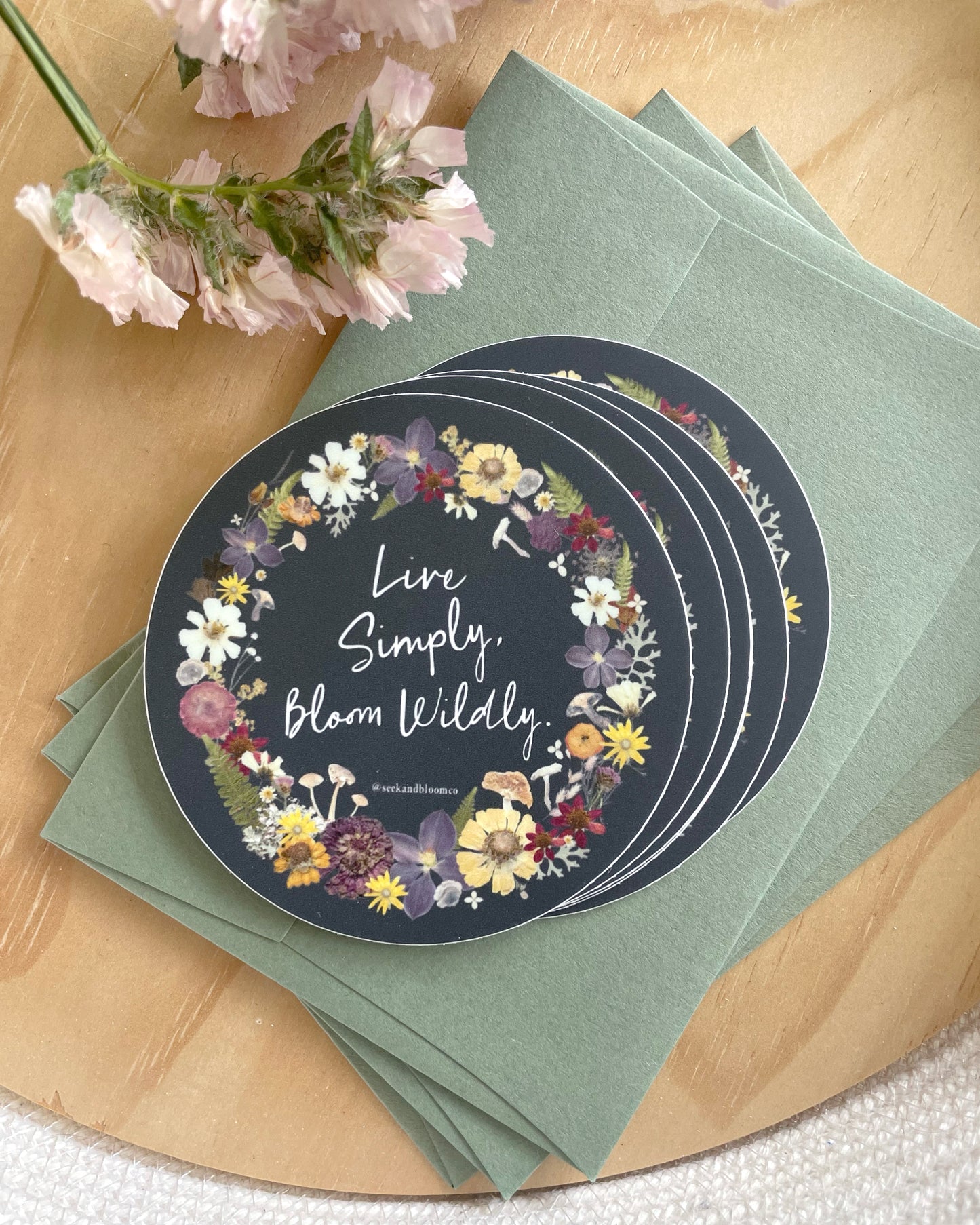 Live Simply, Bloom Wildly Pressed Flowers, Sticker 3"