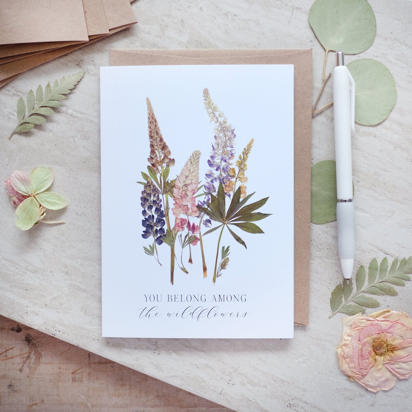 Wild Lupin, You Belong Among the Wildflowers, Pressed Flower Card