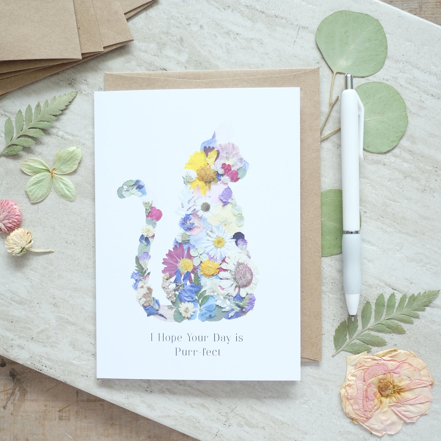 Cat Pressed Flower, I hope your day is Purr-fect, Card