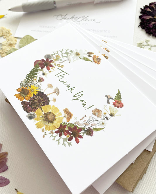Thank You, Whimsical Pressed Flower Wreath with Mushrooms