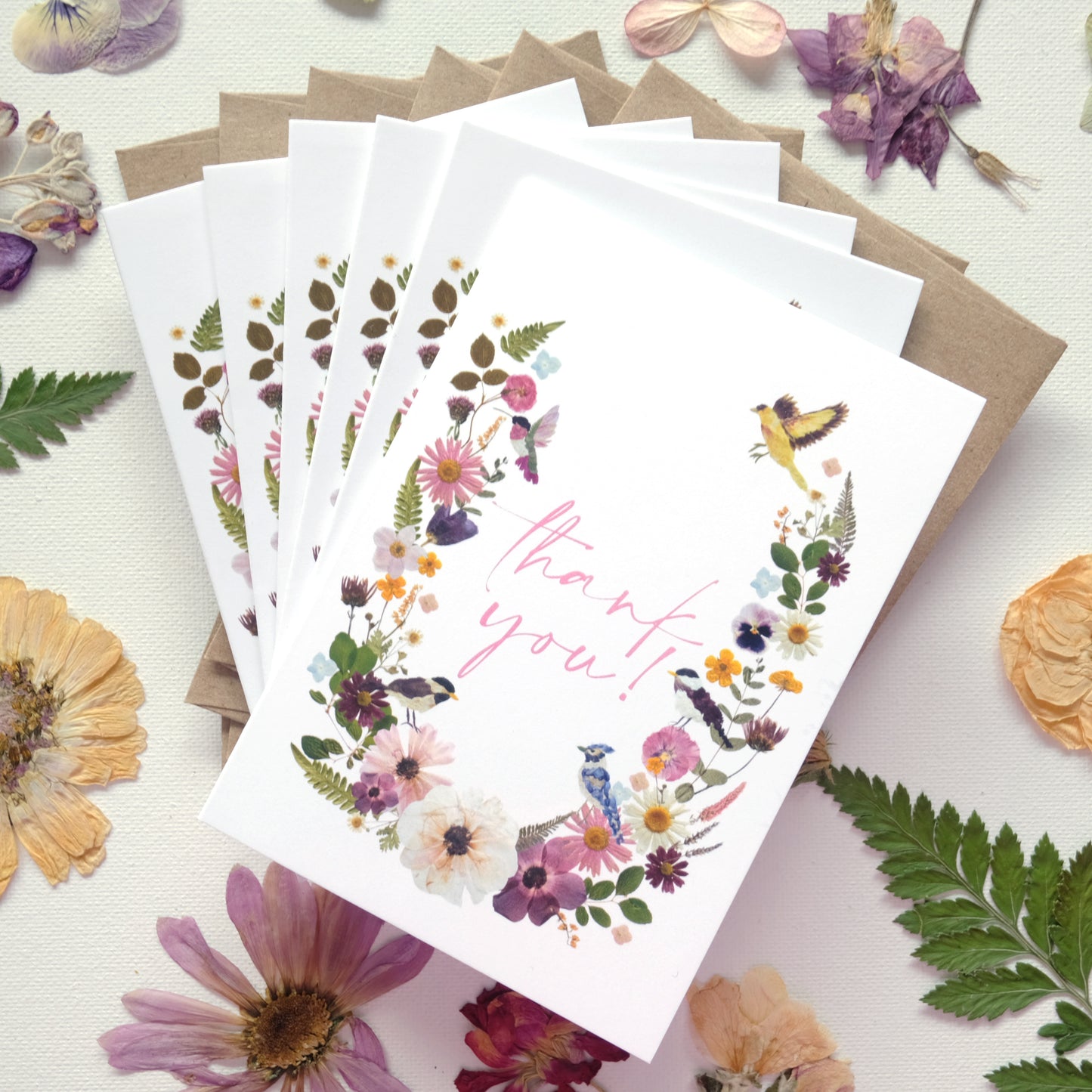 Thank You, Whimsical Pressed Flower Border and birds