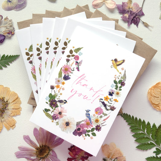 Thank You, Whimsical Pressed Flower Border and birds