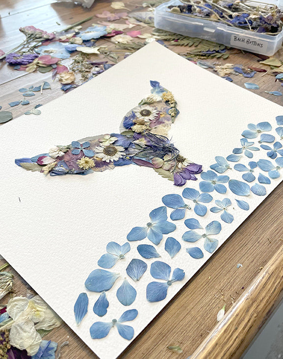 whale tail artwork made with pressed dried flowers, nova scotia themed artwork inspired by whale watching in the bay of fundy, digby, NS
