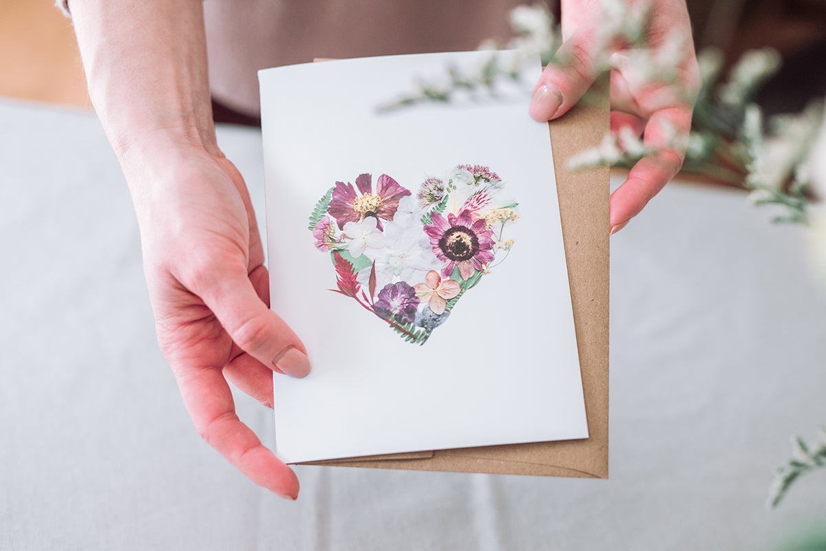pressed flower heart card