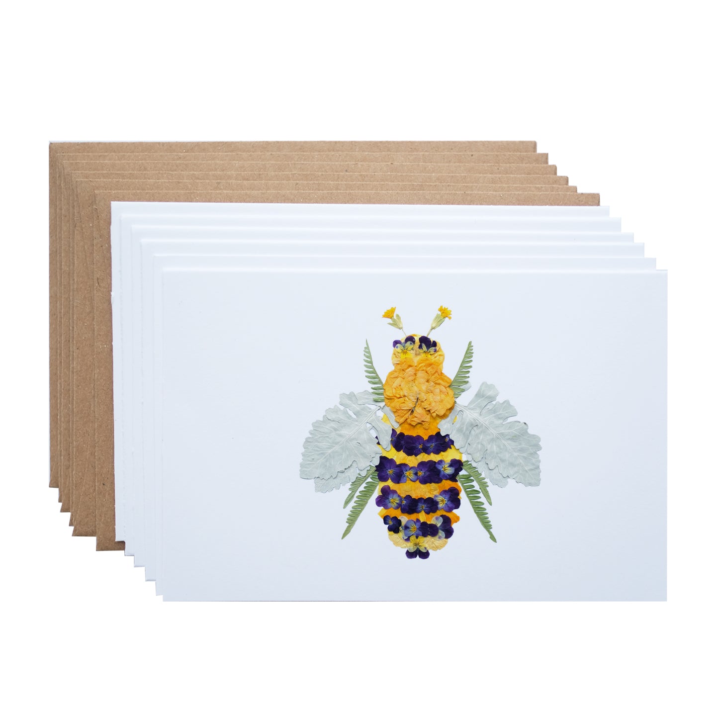 bee themed note card set with artistic bee made from pressed flowers and greenery