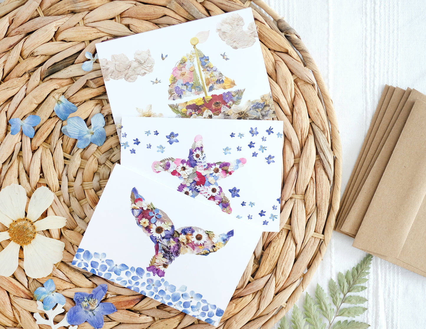 Mixed Pack, Nautical Pressed Flower, Note Card Set