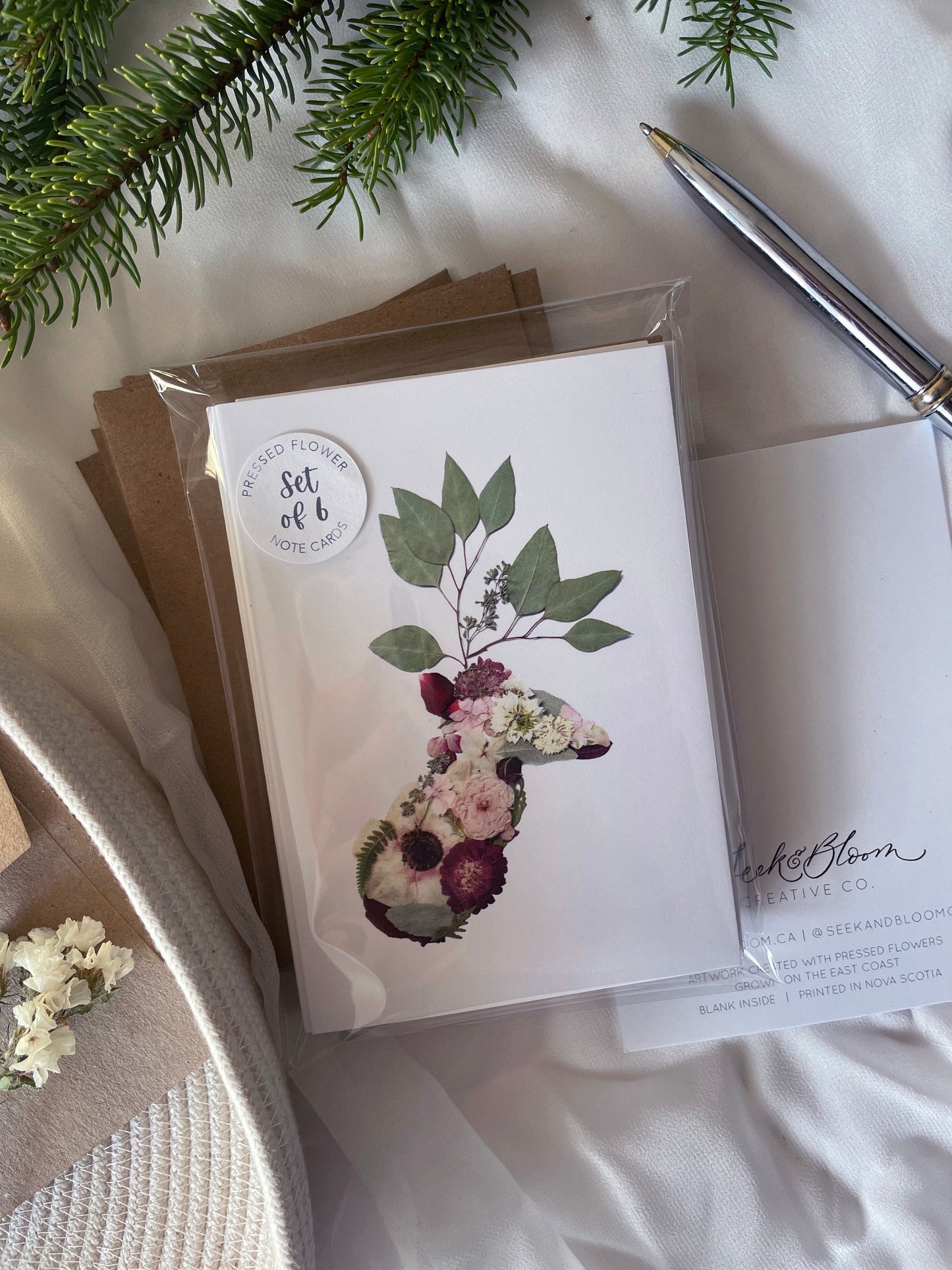 Deer Holiday Pressed Flower, Blank Note Card Set *Discontinued