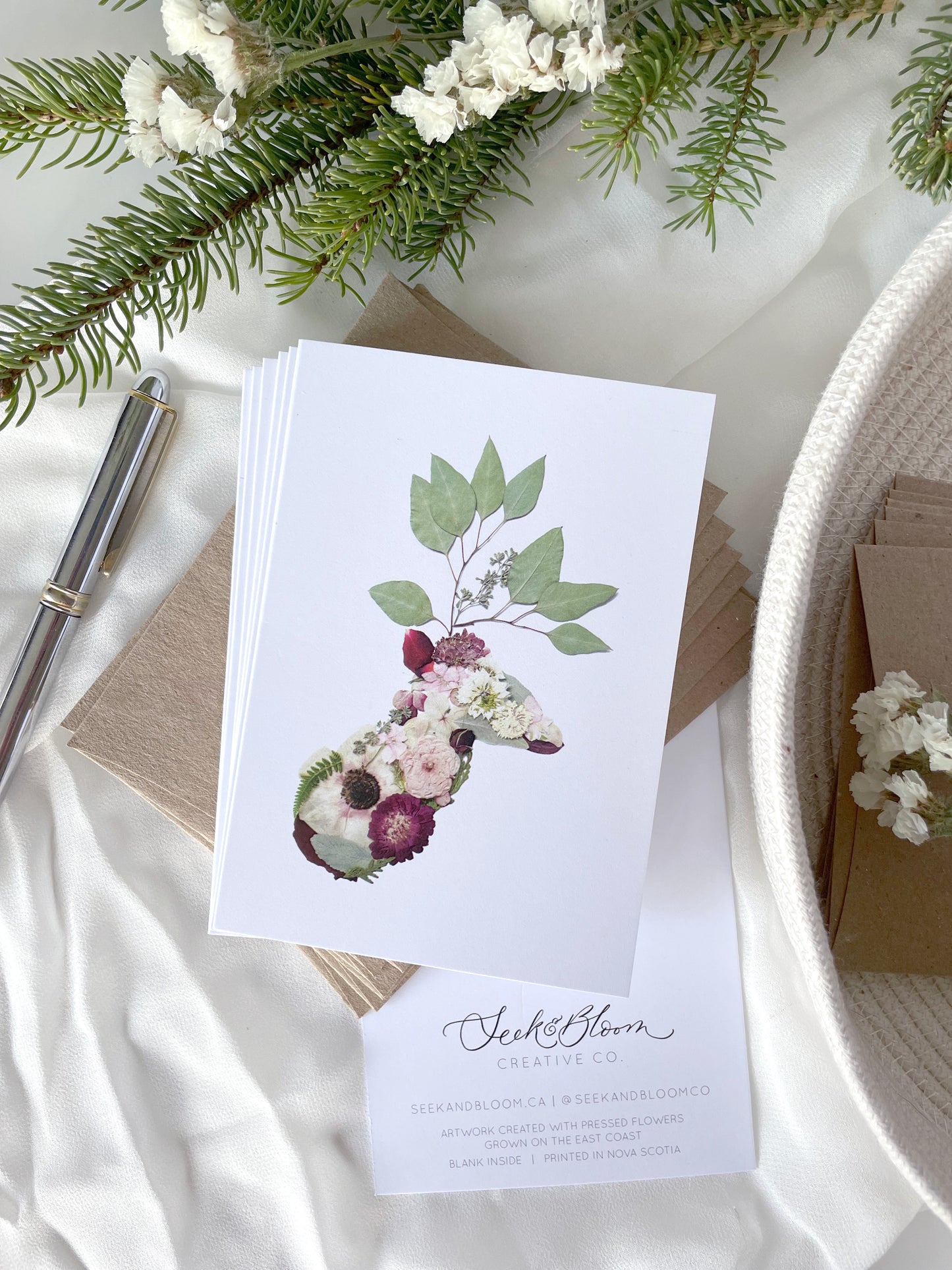 Deer Holiday Pressed Flower, Blank Note Card Set *Discontinued