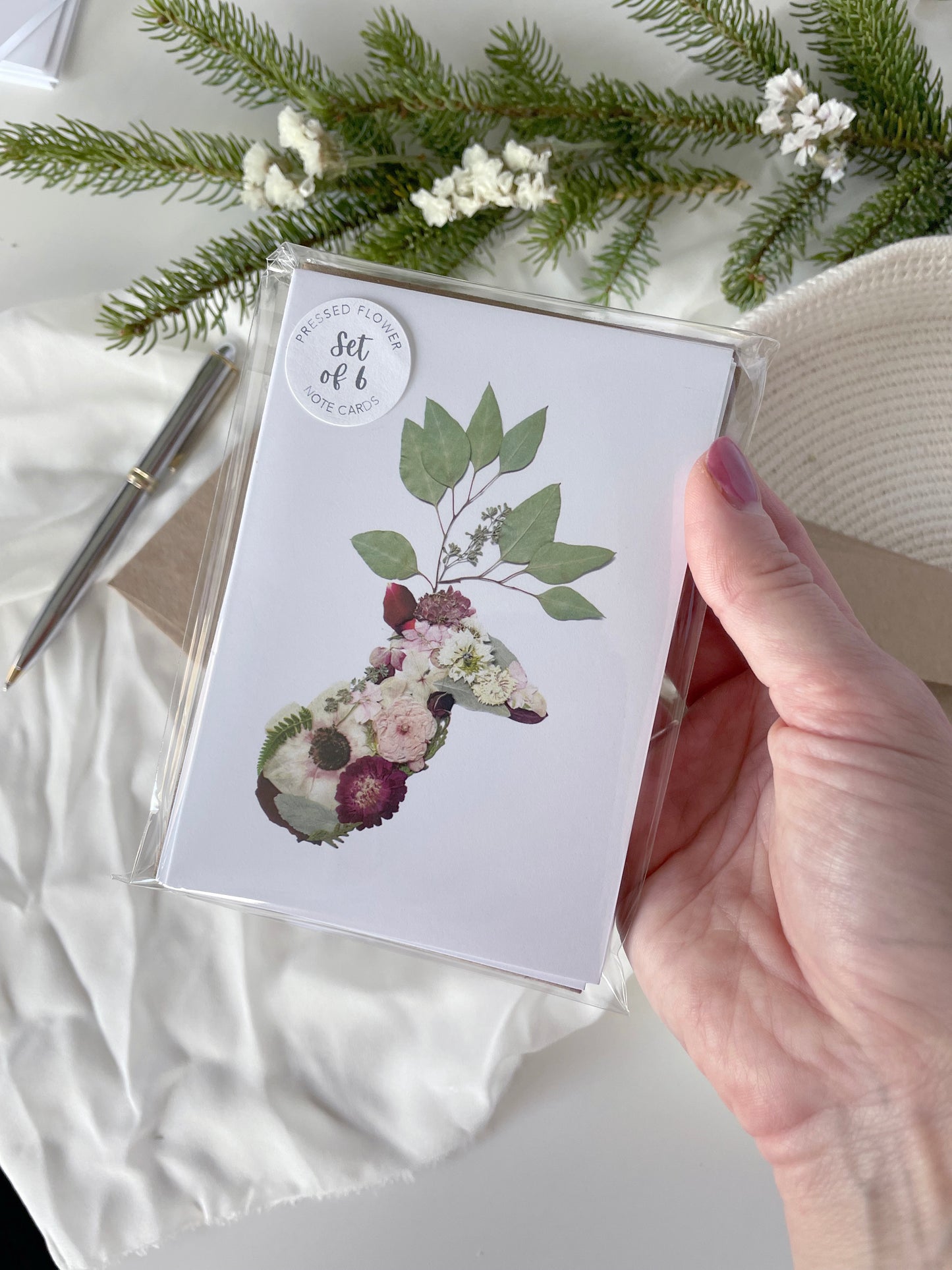 Deer Holiday Pressed Flower, Blank Note Card Set *Discontinued