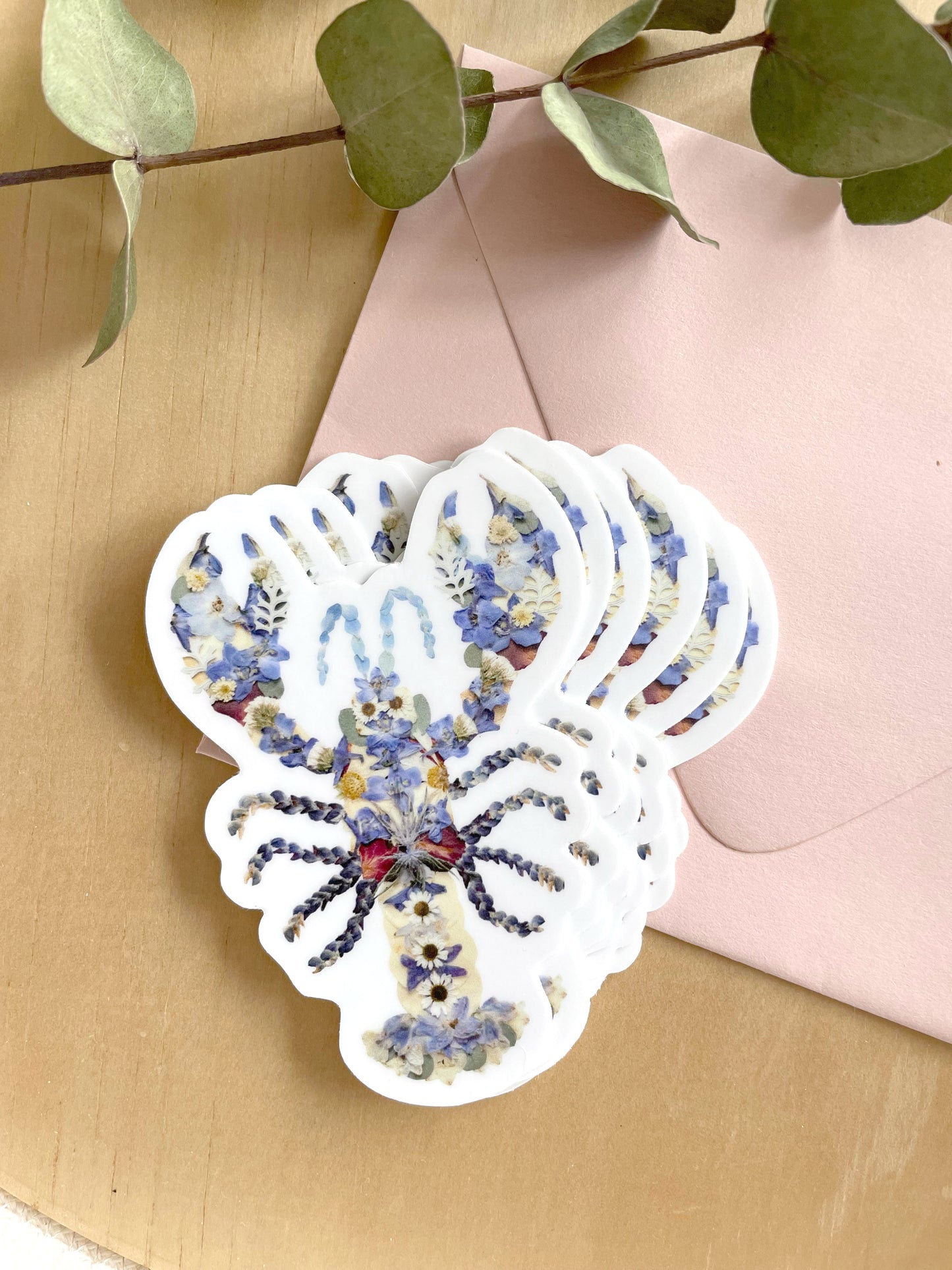 Lobster Blue Pressed Flowers, Sticker 3"