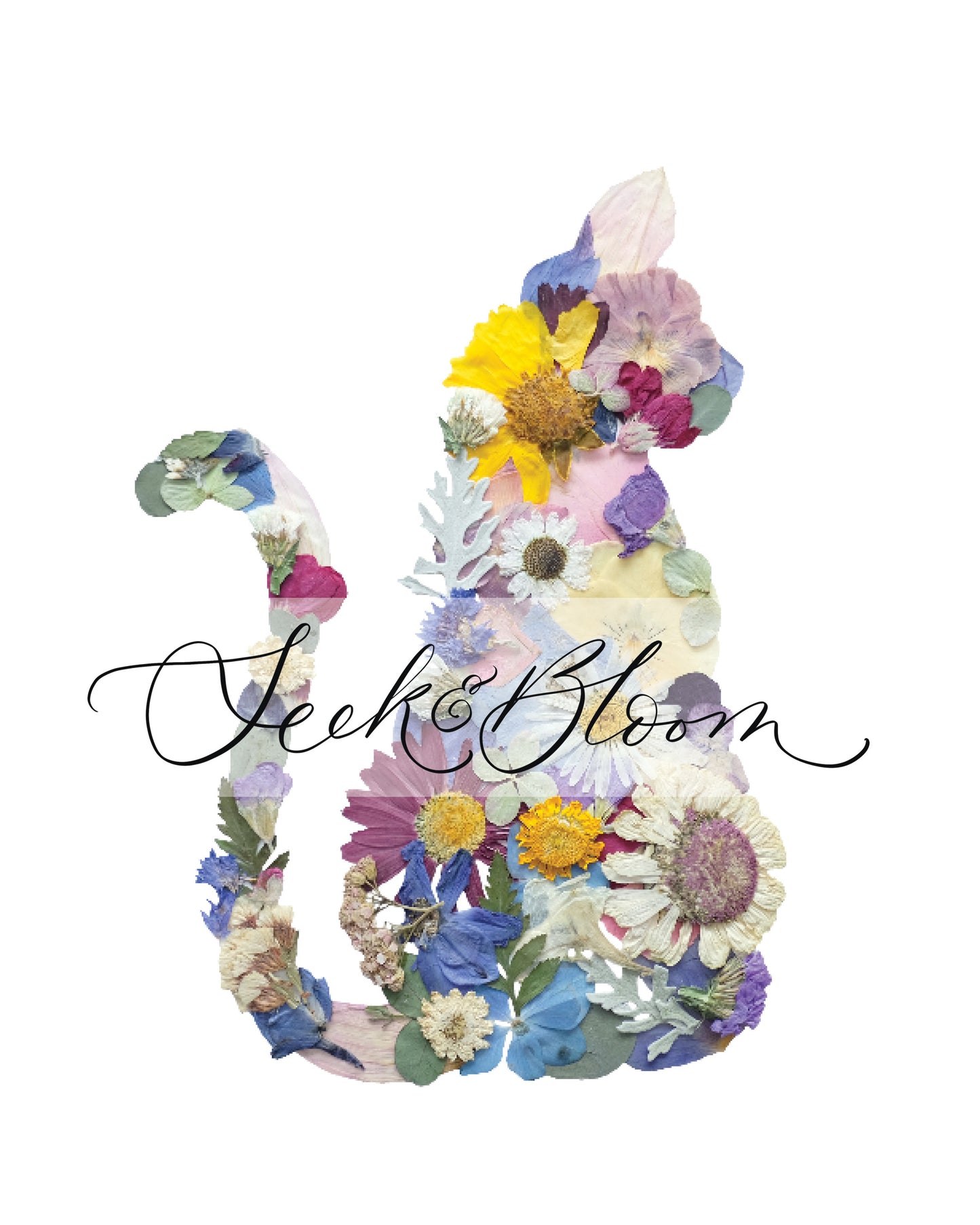 pretty pressed flower cat silhouette artwork, cat themed gift