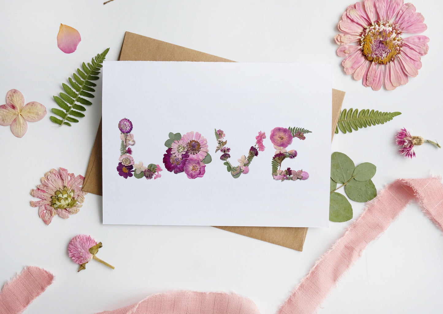 LOVE Pink Pressed Flower, Valentines Day Card