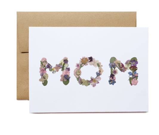 MOM mother's day card with Mom written in pressed flower art