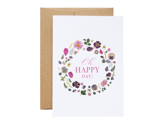Oh Happy Day, Colourful Pressed Flower Wreath, Large Card *Discontinued