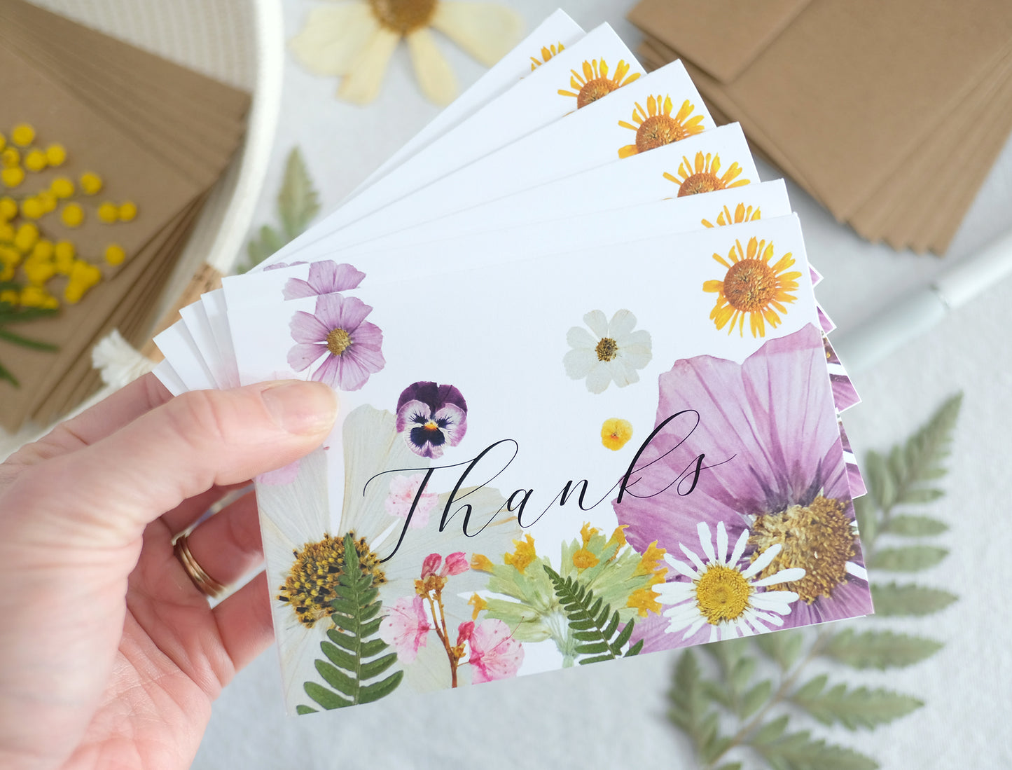 Thanks, Colourful Pressed Flower, Note Cards