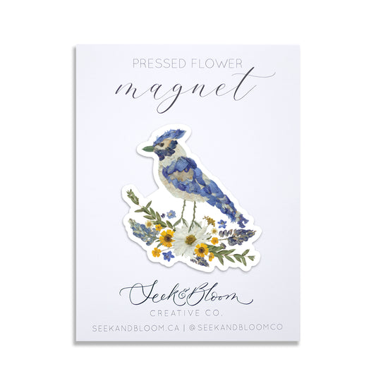 Blue Jay, Pressed Flower Art, 3" Magnet