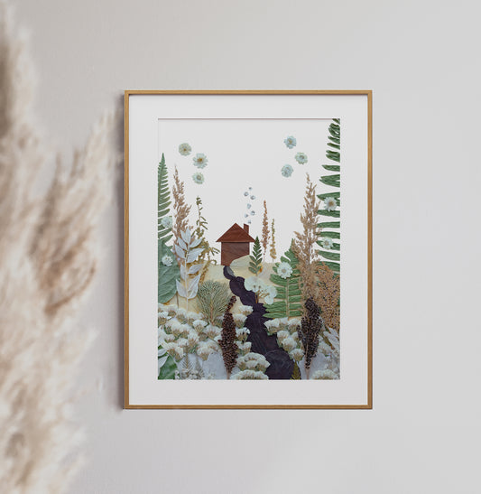 Cozy Cabin In The Woods, Pressed Flower 8x10 Art Print