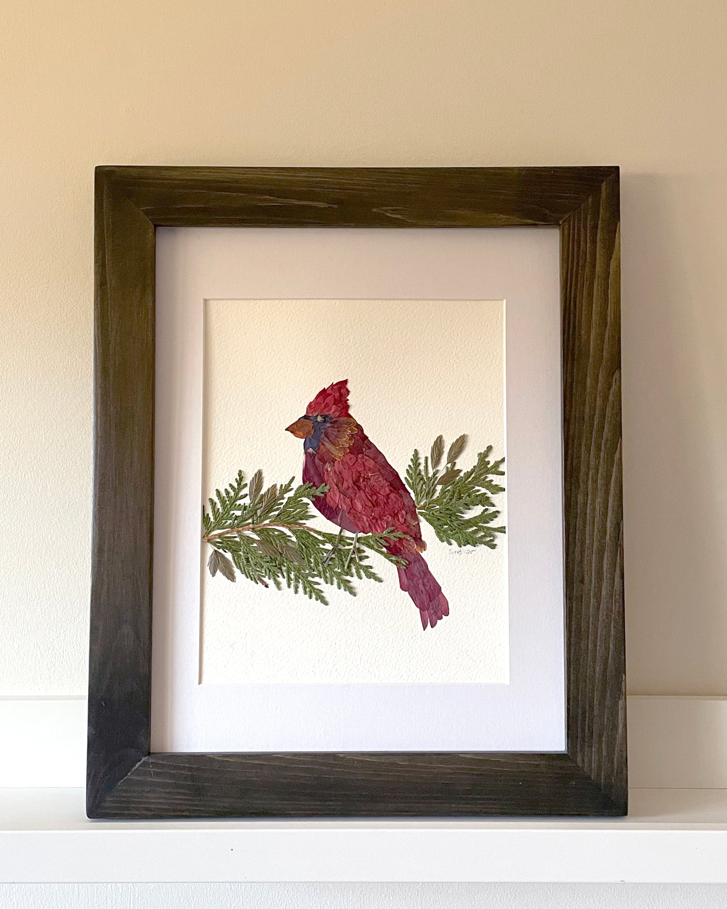 Cardinal - Original Pressed Flower Artwork Framed