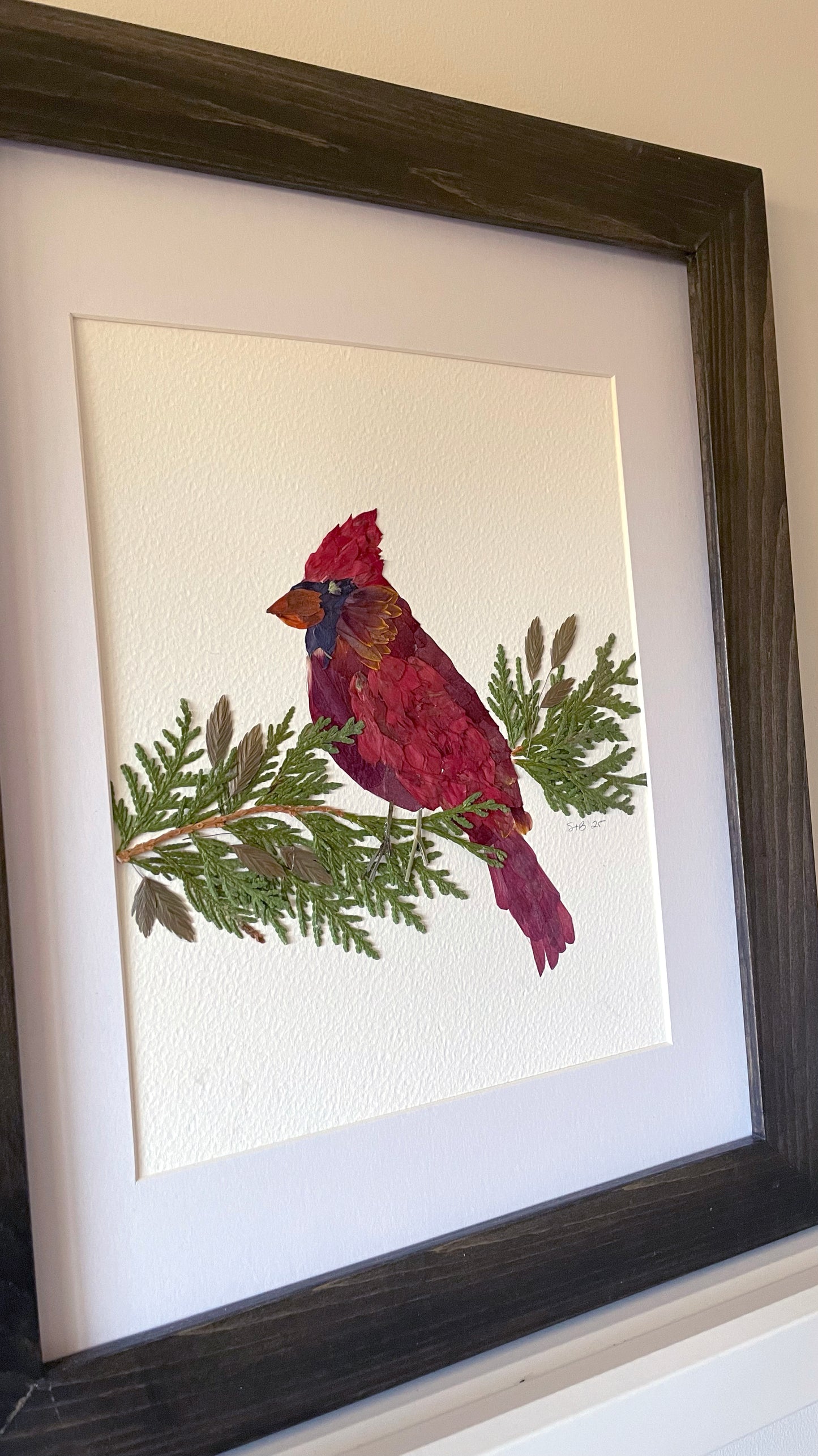 Cardinal - Original Pressed Flower Artwork Framed