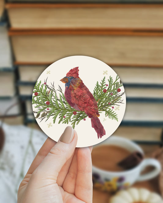 Cardinal, Pressed Flower Sticker