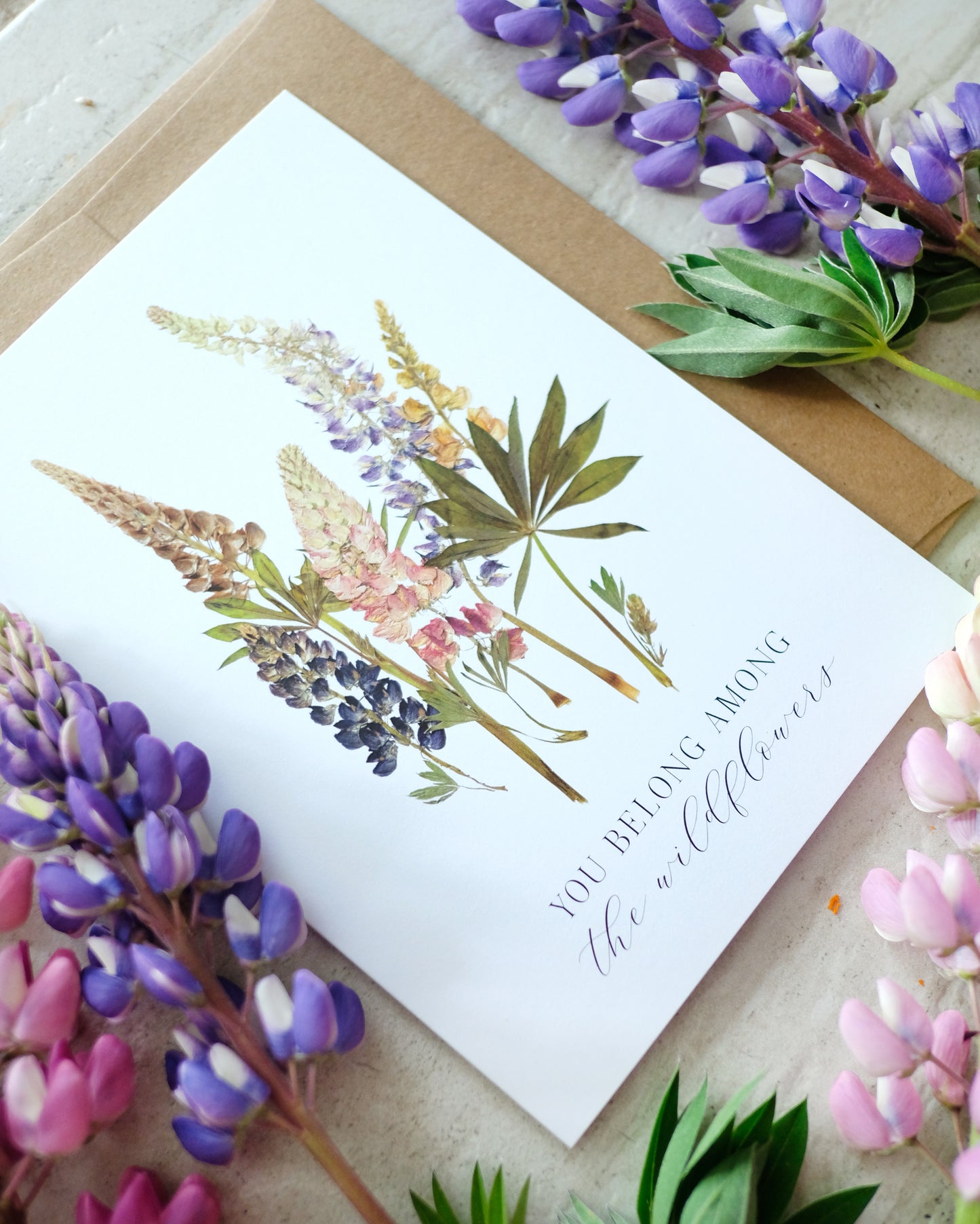 Wild Lupin, You Belong Among the Wildflowers, Pressed Flower Card