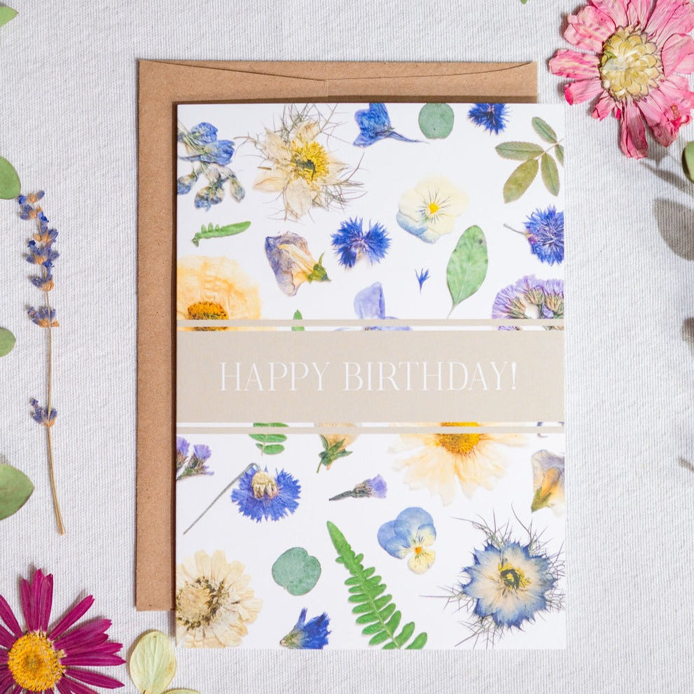 Happy Birthday, Blue Flower Collage, Large Card
