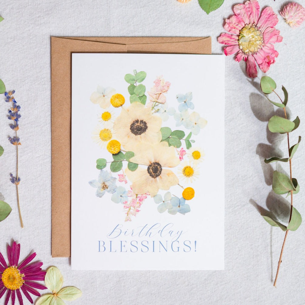 Birthday Blessings, Pressed Flower Anemones, Greeting Card
