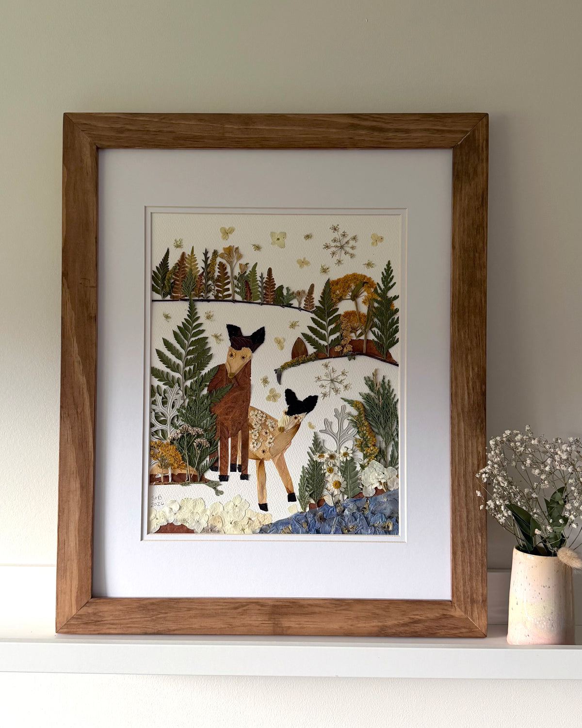 Deer Scenery, Maud Lewis Inspired - Original Pressed Flower Artwork Framed