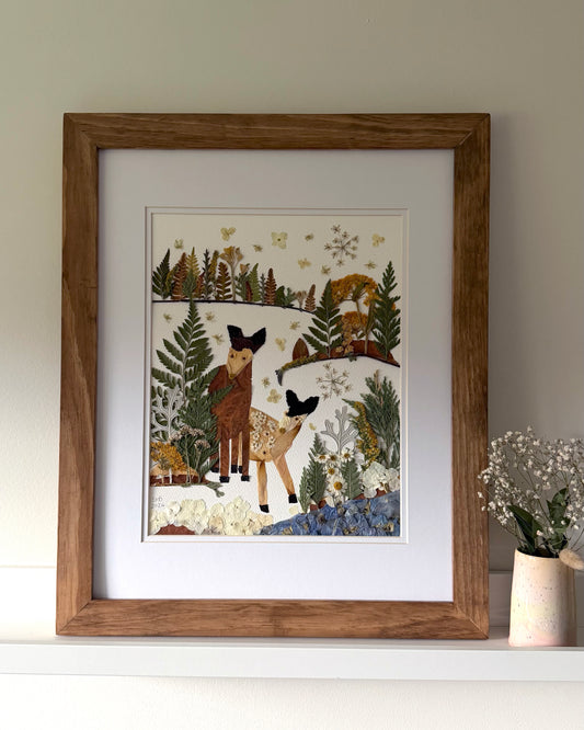 Deer Scenery, Maud Lewis Inspired - Original Pressed Flower Artwork Framed
