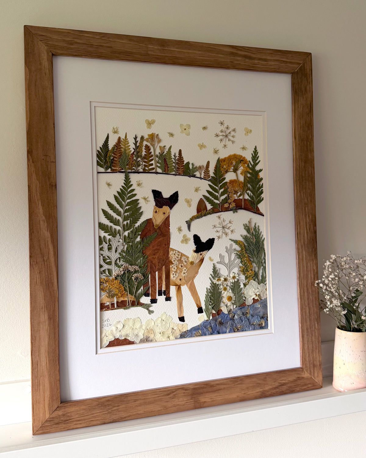 Deer Scenery, Maud Lewis Inspired - Original Pressed Flower Artwork Framed