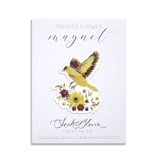 Finch, Pressed Flower Art, 3" Magnet