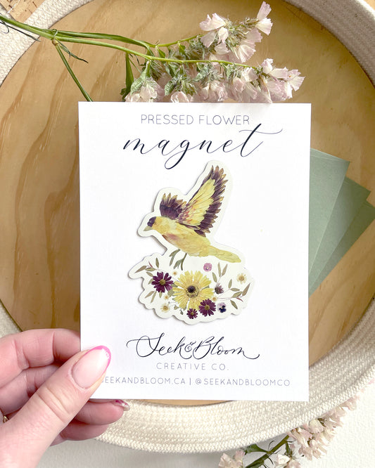 Finch, Pressed Flower Art, 3" Magnet