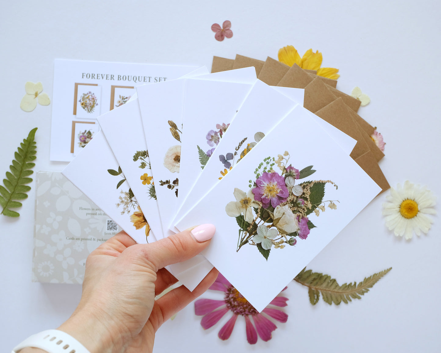 Hand holding a pressed flower card with more cards and flowers on a white background